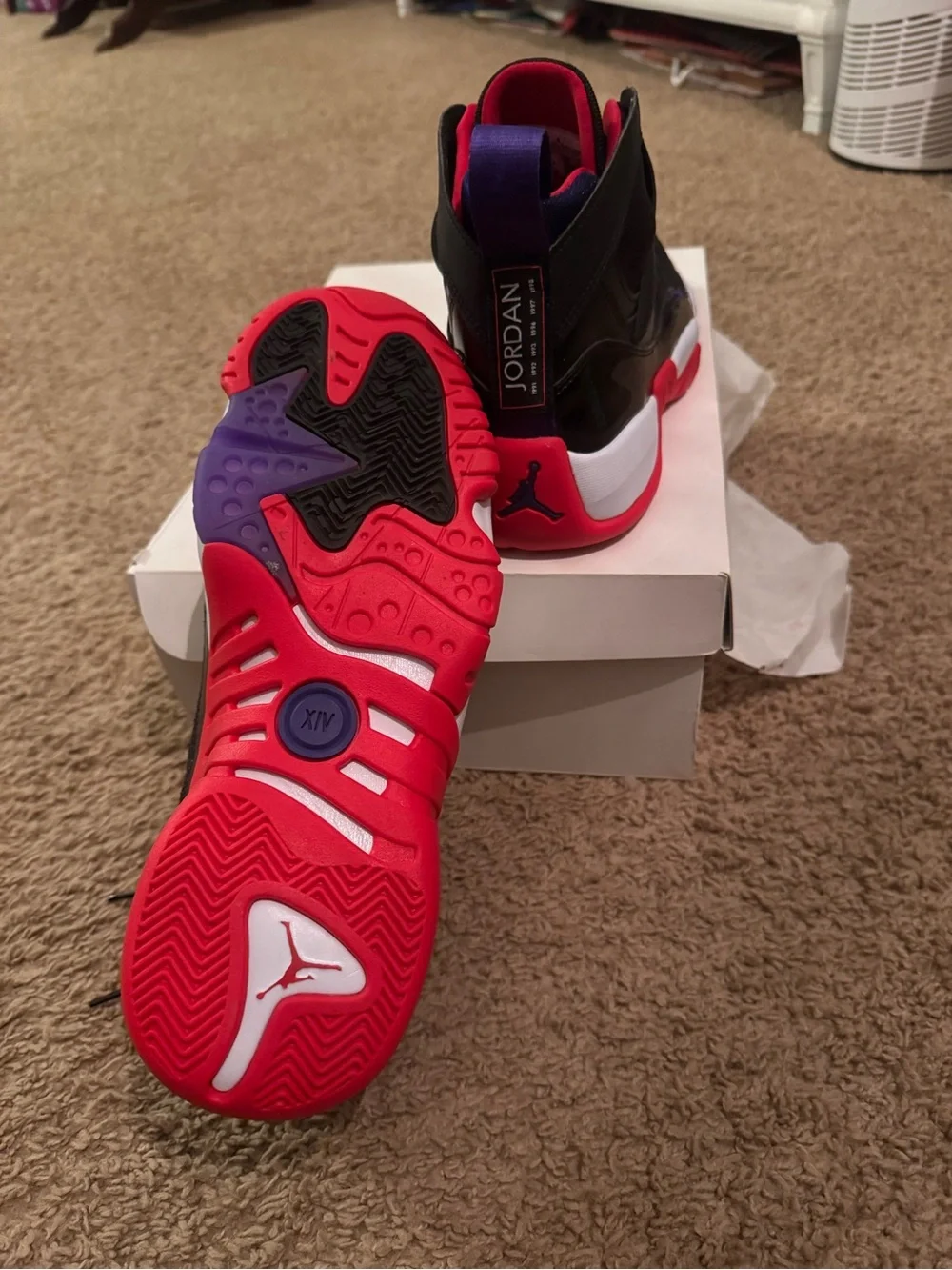 Jordan Men's Black/Red High-Top Sneakers with Purple Heel Tab